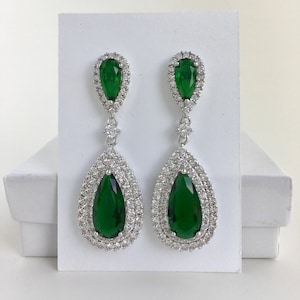 Green Crystal Earrings Green Cubic Zirconia Earrings Green Teardrop Earrings Large Emerald Green Crystal Earrings Green Bridesmaid Jewelry