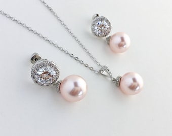 Pink Pearl Bridal Set Pink Crystal Bridal Jewelry Pink Bridesmaid Jewelry Austrian Crystal Pearl Jewelry Set Blush Pink Halo Wedding Jewelry