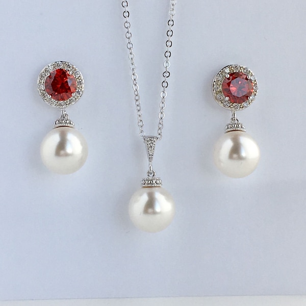 Ruby Red Pearl Bridal Halo Set Red Wedding Crystal Bridal Set Red Cubic Zirconia Pearl Set Red Bridesmaid Crystal Jewelry Set Red Pearl Set