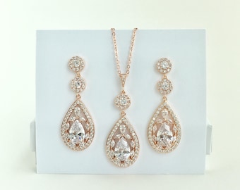 Rose Gold Crystal Set Long Rose Gold Teardrop Jewelry Set Rose Gold Wedding Set Rose Gold Bridal Jewelry Set Rose Gold Bridesmaid Jewelry