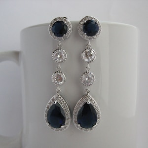 Blaue Saphir Braut Zirkonia Lange Ohrringe Hochzeit Kristall Ohrringe Hochzeit Tropfen Lange Rhodium Ohrringe Saphir Braut Ohrringe