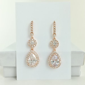Rose Gold Cubic Zirconia Earrings Rose Gold Bridal Jewelry Rose Gold Crystal Earrings Rose Gold Bridesmaids Jewelry Rosegold Wedding Jewelry