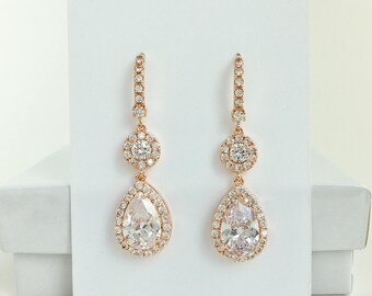 Rose Gold Cubic Zirconia Earrings Rose Gold Bridal Jewelry Rose Gold Crystal Earrings Rose Gold Bridesmaids Jewelry Rosegold Wedding Jewelry