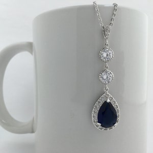 Long Blue Crystal Necklace Blue Blue Sapphire Jewelry Blue Bridal Necklace Blue Wedding Jewelry Blue Bridesmaid Jewelry Blue Bridal Pendant