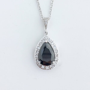 Black Cubic Zirconia Necklace Black Crystal Teardrop Pendant Black Crystal Wedding Jewelry Black Crystal Bridesmaid Jewelry Black Necklace