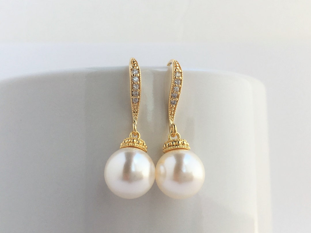 Gold Plated Pearl and Crystal Bridal Drop Earrings Wedding - Etsy