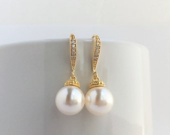 Gold Plated Pearl and Crystal Bridal Drop Earrings Wedding Cubic Zirconia and Pearls Gold Earrings Austrian Crystal Pearls Gold Jewelry