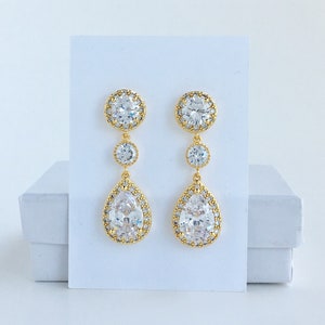 Gold Halo Crystal Earrings Gold Bridal Earrings Gold Cubic Zirconia Drop Earrings Gold Wedding Teardrop Earrings Gold Bridesmaid Jewelry