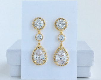 Gold Halo Crystal Earrings Gold Bridal Earrings Gold Cubic Zirconia Drop Earrings Gold Wedding Teardrop Earrings Gold Bridesmaid Jewelry