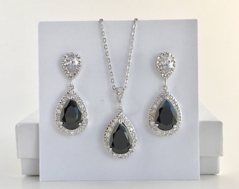 Black Bridal Jewelry Set Black Wedding Cubic Zirconia Set Black Teardrop Jewelry Set Black Bridesmaid Jewelry Set Black Wedding Crystal Set