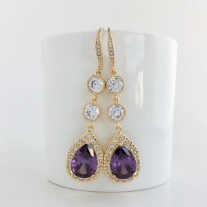 Purple Long Gold Earrings Purple Long Bridal Earrings Purple Gold Teardrop Earrings Amethyst Wedding Earrings Purple Bridesmaid Gold Jewelry