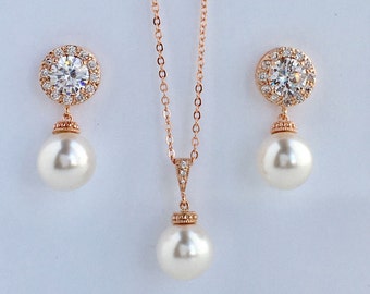 Conjunto nupcial de perlas de oro rosa Conjunto de halo nupcial de cristal de oro rosa Conjunto de perlas de circonio cúbico de oro rosa Dama de honor de oro rosa Joyería de perlas austriacas