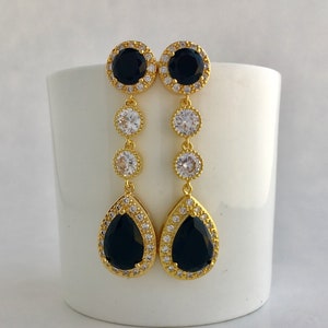 Long Black Bridal Earrings Halo Black Gold Earrings Long Black Crystal Jewelry Long Black Wedding Gold Jewelry Black Bridesmaid Gold Jewelry