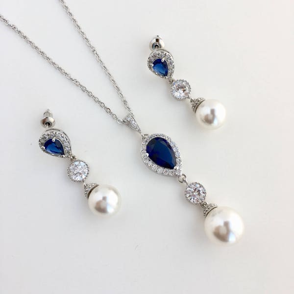 Blue Crystal Bridal Set Blue Pearl Wedding Set Blue Crystal Bridesmaid Jewelry Set Sapphire Blue Bridal Pearl Jewelry Blue Crystal Jewelry