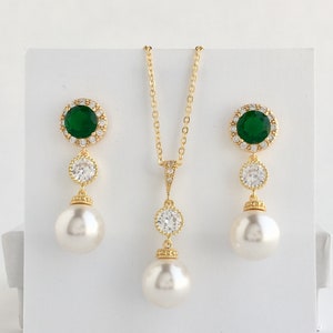 Green Pearl Bridal Set Gold Wedding Crystal Set Gold Cubic Zirconia Pearl Set Gold Bridesmaid Austrian Pearl Jewelry Gold Crystal Pearl Set