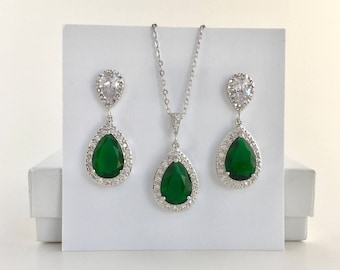Emerald Verde Conjunto Nupcial Verde Boda Cubic Zirconia Set Verde Teardrop Joyería Set Verde Bridesmaid Joyería Set Verde Boda Cristal Set