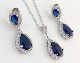 Conjunto de novia de zafiro azul Conjunto de boda de circonita cúbica azul Conjunto de joyería de novia de zafiro Conjunto de joyería de dama de honor azul Conjunto de joyería de cristal azul