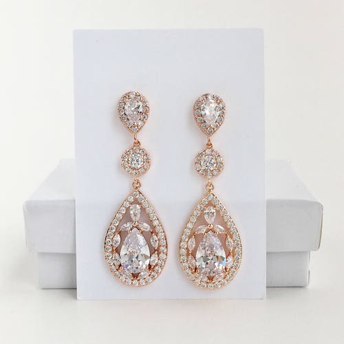 Rose Gold Bridal Earrings Bridal Jewelry Rose Gold Wedding Etsy