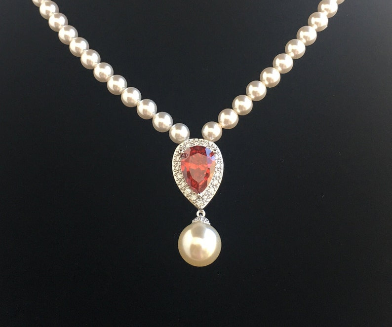 Red Pearl Necklace Red Ruby Cubic Zirconia Bridal Backdrop Necklace Red Crystal Wedding Teardrop Necklace Red Pearl Bridesmaid Jewelry Gifts imagem 3