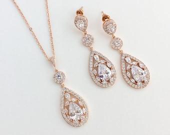 Rose Gold Crystal Set Long Rose Gold Teardrop Jewelry Set Rose Gold Wedding Set Rose Gold Bridal Jewelry Set Rose Gold Bridesmaid Jewelry