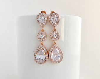 Rose Gold Cubic Zirconia Earrings Rose Gold Crystal Earrings Teardrop Earrings Rose Gold Bridesmaid Jewelry Rose Gold Bridal Halo Earrings