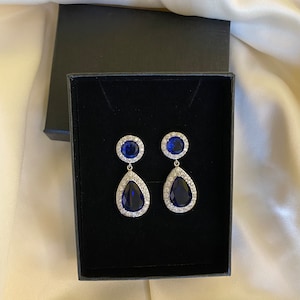 Blue Sapphire Wedding Crystal Earrings Bridal Sapphire Cubic Zirconia Jewelry Wedding Teardrop Halo Earrings Sapphire Bridal Earrings