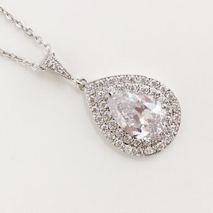 Cubic Zirconia Teardrop Necklace: Rhodium Crystal Bridal Pendant