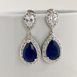 Blue Sapphire Bridal Cubic Zirconia Earrings Wedding Crystal Silver ...