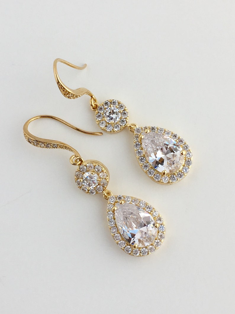 Gold Cubic Zirconia Earrings Gold Bridal Earrings Wedding Gold | Etsy