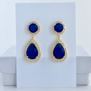 Blue Crystal Gold Earrings Blue Gold Cubic Zirconia Earrings Blue Wedding Gold Jewelry Blue Teardrop Gold Earrings Blue Gold Halo Earrings