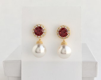 Red Pearl Earrings Red Gold Bridal Earrings Red Wedding Earrings Red Bridesmaid Jewelry Red Austrian Pearl Jewelry Red Gold Crystal Jewelry