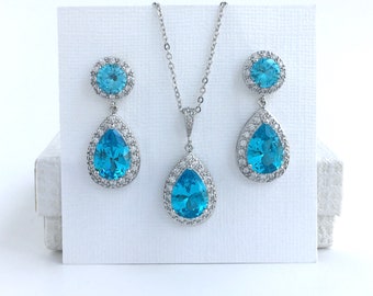 Aqua Blue Jewelry Set Blue Wedding Crystal Light Blue Bridal Jewelry Aquamarine Teardrop Jewelry  Blue Bridesmaid jewelry Blue Halo Earrings
