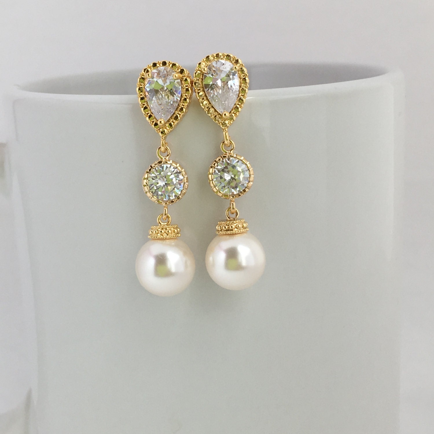 Pearl and Crystal Gold Tone Bridal Drop Earrings Wedding Cubic - Etsy