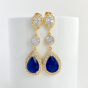 Blue Crystal Gold Earrings Blue Bridal Gold Earrings Blue Gold Cubic Zirconia Earrings Sapphire Gold Earrings Blue Bridesmaid Gold Jewelry
