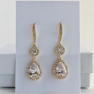 Gold Crystal Earrings Gold Bridal Earrings Wedding Gold Jewelry Teardrop Halo Gold Crystal Earrings Bridesmaid Gold Drop Earrings