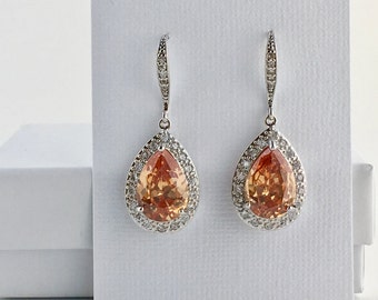Morganite Crystal Earrings Champagne Cubic Zirconia Earrings Peach Wedding Earrings Champagne Drop Earrings Champagne Bridesmaid Jewelry