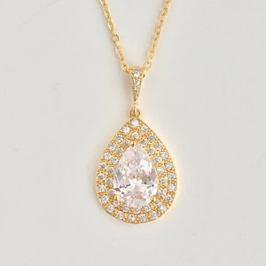 Gold Cubic Zirconia Teardrop Necklace: Bridal Wedding Jewelry