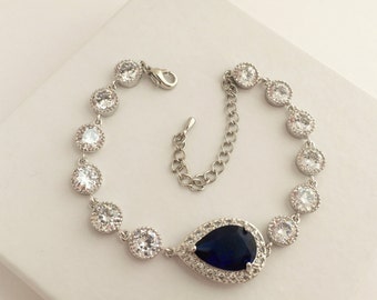 Blue Sapphire Bridal Bracelet Blue Wedding Cubic Zirconia Bracelet Sapphire Blue Crystal Bracelet Blue Sapphire Teardrop Bridal Bracelet