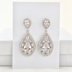 Bridal Cubic Zirconia Earrings Wedding Teardrop Earrings Wedding Crystal Earrings Rhodium Crystal Dangle Earrings Bridesmaid Crystal Jewelry