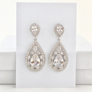 Bridal Cubic Zirconia Earrings Wedding Teardrop Earrings Wedding Crystal Earrings Rhodium Crystal Dangle Earrings Bridesmaid Crystal Jewelry image 1