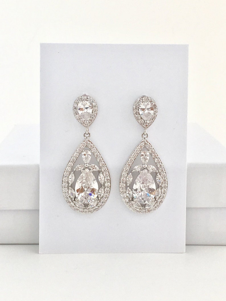 Bridal Cubic Zirconia Earrings Wedding Teardrop Earrings Wedding Crystal Earrings Rhodium Crystal Dangle Earrings Bridesmaid Crystal Jewelry image 1