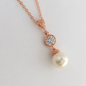 Rose Gold Pearl and Crystal Bridal Necklace Wedding Cubic Zirconia and Pearl Pendant Rose Gold Austrian Crystal Pearl Bridesmaid Jewelry