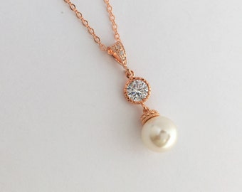 Rose Gold Pearl and Crystal Bridal Necklace Wedding Cubic Zirconia and Pearl Pendant Rose Gold Austrian Crystal Pearl Bridesmaid Jewelry