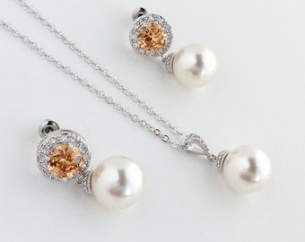 Morganite Pearl Bridal Halo Set Champagne Wedding Crystal Bridal Set Peach Cubic Zirconia Pearl Set Champagne Bridesmaid Crystal Jewelry Set