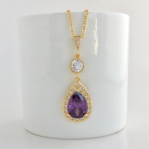 Purple Bridal Gold Necklace Purple Crystal Gold Necklace Amethyst Gold Wedding Jewelry Purple Bridesmaid Gold Jewelry Purple Gold Necklace