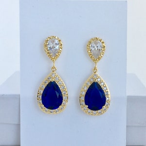 Blue Bridal Gold Earrings Blue Gold Crystal Earrings Blue Bridal Gold Earrings Blue Bridesmaid Gold Jewelry Sapphire Wedding Gold Earrings