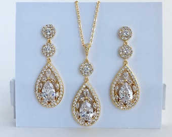 Gouden Crystal Bridal ingesteld lang gouden Teardrop Set gouden bruiloft sieraden Set gouden bruids juwelen Set gouden bruidsmeisje sieraden Set gouden sieraden