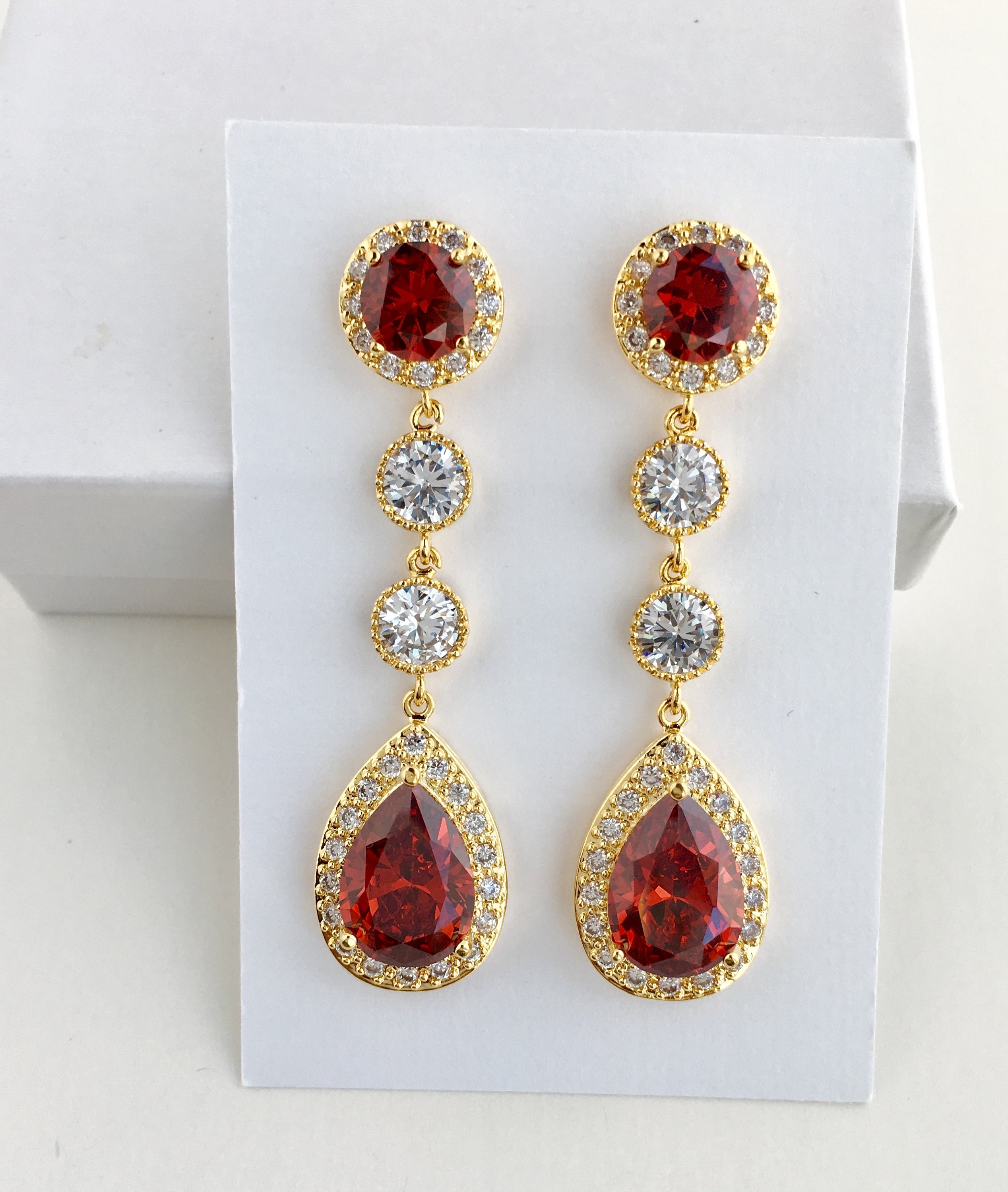 Long Red Bridal Earrings Halo Ruby Gold Zirconia Earrings Red | Etsy