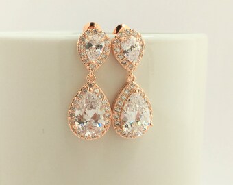 Rose Gold Cubic Zirconia Bridal Earrings Wedding Crystal Rose Gold Jewelry Wedding Teardrop Rose Gold Earrings