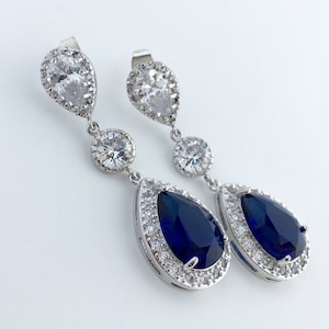 Blue Sapphire Wedding Crystal Earrings Bridal Cubic Zirconia Silver Drop Earrings Wedding Teardrop Rhodium Earrings Sapphire Bridal Earrings